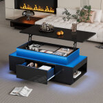 Table basse led avec plateau relevable 96x45x40cm, avec rangement cach� et tiroir, plateau laqu� brillant, ...