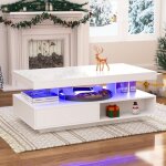 Table basse led rectangulaire avec 4 plateaux en verre, 2 tiroirs et 2 niches ouvertes, meuble de salon ...