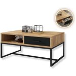 Table basse mix avec niche et tiroir en noir et bois 90 cm x 60 cm style loft