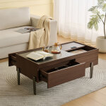 Table basse moderne 105�50�41. 5 cm, table salon en bois avec rangement cach� et 2 tiroirs - pieds m�tal ...