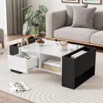 Table basse moderne 105 x 60 x 40, 5 cm ? design noir et blanc avec surface brillante, tiroir et 4 compartimen ...