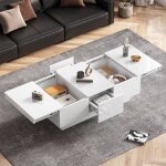 Table basse carrée blanche brillante avec fonction coulissante, 2 compartiments cachés et 2 tiroirs, ... Table basse carrée blanche brillante avec fonction coulissante, 2 compartiments cachés et 2 tiroirs, ...