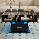 Table basse, table basse moderne avec fonction de levage, clairage led et tagres en verre, compartiments ...