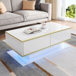 Table basse moderne led avec finition laqu�e, 100 cm, d�coration dor�e, 3 tiroirs de rangement et bande ...