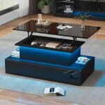 Okwish - table basse noire brillante avec �clairage led et 4 tiroirs - table basse relevable 90x55x41 ...