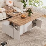 Table basse moderne avec plateau relevable, table basse blanche et bois avec rangement et 2 portes, table ...