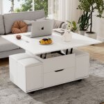 Table basse multifonctionnelle - transforme en table et 4 tabourets - 2 tiroirs - blanc