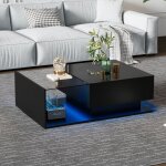Wishdor - table basse noire brillance avec led, plateau et tiroirs en verre, anti - rayures, 100 x 50 ...