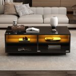 Table basse noire brillante 94x50x34 cm - verre trempé, 2 tiroirs et vitrine, led et charge 30kg, design ... Table basse noire brillante 94x50x34 cm - verre trempé, 2 tiroirs et vitrine, led et charge 30kg, design ...