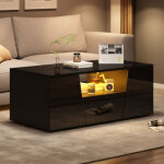 Table basse noire brillante avec lumi�re led, 2 armoires et 1 tiroir, 100x50x40 cm
