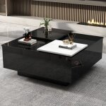 Table basse noire carrée brillante 75x75x33. 5cm avec étagères, plateau coulissant blanc contrasté, capacité ... Table basse noire carrée brillante 75x75x33. 5cm avec étagères, plateau coulissant blanc contrasté, capacité ...