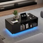 Table basse noire avec clairage led, tiroirs et rangement dissimul, 100x50x40 cm