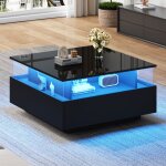 Wishdor - table basse noire haute brillance, table basse carre led avec 2 tiroirs et zone de prsentation ...