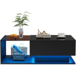 Table basse noire laqu�e avec led, plateau en verre et tiroir 100x50x32 cm