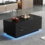 Table basse noire avec plateau relevable, 2 tiroirs et led, 95x48x40 cm Table basse noire avec plateau relevable, 2 tiroirs et led, 95x48x40 cm