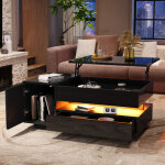 Table basse noire relevable avec 1 tiroir, 1 armoire et led, 95x50x34. 5 cm