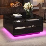 Table basse noire relevable 70x70x38 cm - led, 1 tiroir et portes rabattables, rangement caché et design ... Table basse noire relevable 70x70x38 cm - led, 1 tiroir et portes rabattables, rangement caché et design ...