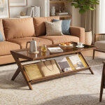 Table basse en osier - table de style campagnard, en osier tress� avec un pi�tement en forme de z, meuble ...