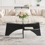 Table basse ovale moderne en verre tremp� - design multifonctionnel - pieds mdf bois noir - 104, 9x60x35, ...