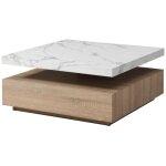 Table basse pivotante avec 1 tiroir en mdf - effet marbre blanc et naturel - kyria Table basse pivotante avec 1 tiroir en mdf - effet marbre blanc et naturel - kyria