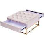Table basse rangements tiroirs plateau velours capitonné ecru et pieds gold Table basse rangements tiroirs plateau velours capitonné ecru et pieds gold
