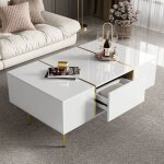 Table basse rectangle 100x60 cm, blanc laqu� brillant avec 2 tiroirs, table d'appoint de canap� , mdf ...