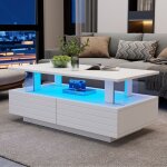 Table basse rectangulaire blanc led avec 2 tiroirs, table de salon en acrylique, table d'appoint moderne, ...