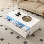 Table basse rectangulaire blanche avec 2 tiroirs et bande lumineuse led, pieds dor�s et blancs