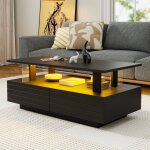 Table basse rectangulaire noir led avec 2 tiroirs, table de salon en acrylique, table d'appoint moderne, ...