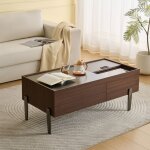 Table basse rectangulaire avec tiroirs, plateau en verre, pieds en m�tal, mdf, 105x50x41, 5cm, marron ...