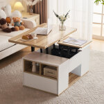 Table basse relevable 100x51 cm, double plateau modulable, 2 tiroirs, panneau de particules, blanc / ...
