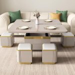 Table basse relevable avec 4 tabourets de rangement, table centrale moderne avec plateau en verre tremp� ...