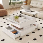 Table basse relevable 70 x 67 x 57 cm - 2 tiroirs - clairage led - plateau en verre - blanc