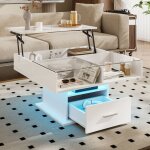 Table basse relevable 78x78x45, 5cm - finition brillante - avec �clairage led - 1 tiroir - �tag�res ouvertes ...