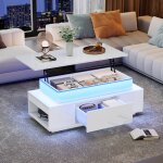 Table basse relevable 96 x 45 x 40 cm - avec �clairage led - avec 1 tiroir - finition laqu�e brillante ...