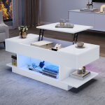 Table basse relevable 98x45x40 cm avec led et 2 rangements � battants espace de stockage semi - ouvert ...