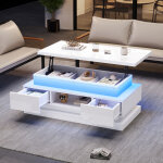 Table basse relevable blanc avec led, 2 tiroirs et rangement cach�, panneaux de particules laqu�, 100�50�40 ...