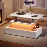 Table basse relevable blanche brillance avec clairage led et 4 tiroirs, 90 x 55 x 41 cm