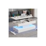 Okwish - table basse relevable blanche, table de salon avec clairage led et espace de rangement cach, ...