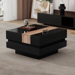 Table basse relevable carr�e extensible - bicolore brillant noir - mdf avec rangement - 70x70x39cm