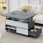 Table basse relevable avec espace de rangement cach�, �tag�re, roulettes et tiroirs, �pissures gris - ...