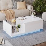 Table basse relevable - laqu�e blanc - led int�gr�e - hauteur r�glable - rangement cach� - 100x50x33 ...
