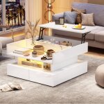 Table basse relevable  led, table d'appoint de canap - plateau en verre avec rangement cach et 2 tiroirs, ...