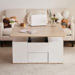 Table basse relevable moderne 4 tiroirs - plateau extensible 2 formes - design blanc bois - salon salle ...