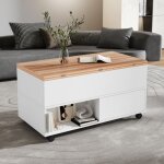 Table basse relevable moderne 4 tiroirs - plateau extensible blanc bois - 4 roulettes - salon salle  ...