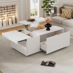 Redom - table basse relevable multifonctionnelle blanche moderne avec tiroirs et portes coulissantes, ...