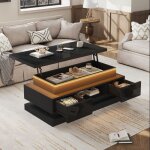Table basse relevable noir 100 x 50 x 40cm avec �clairage led, 2 tiroirs et rangement dissimul�, laque ...