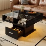 Table basse relevable noire haute brillance avec �clairage led, 78x78x45 cm