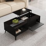 Table basse relevable, plateau noir laqu�, rangement cach� et �tag�res, panneaux de particules, 110�50�48 ...