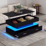 Table basse relevable rectangulaire 100 cm, avec éclairage led, 2 tiroirs de rangement, plateau extensible, ... Table basse relevable rectangulaire 100 cm, avec éclairage led, 2 tiroirs de rangement, plateau extensible, ...